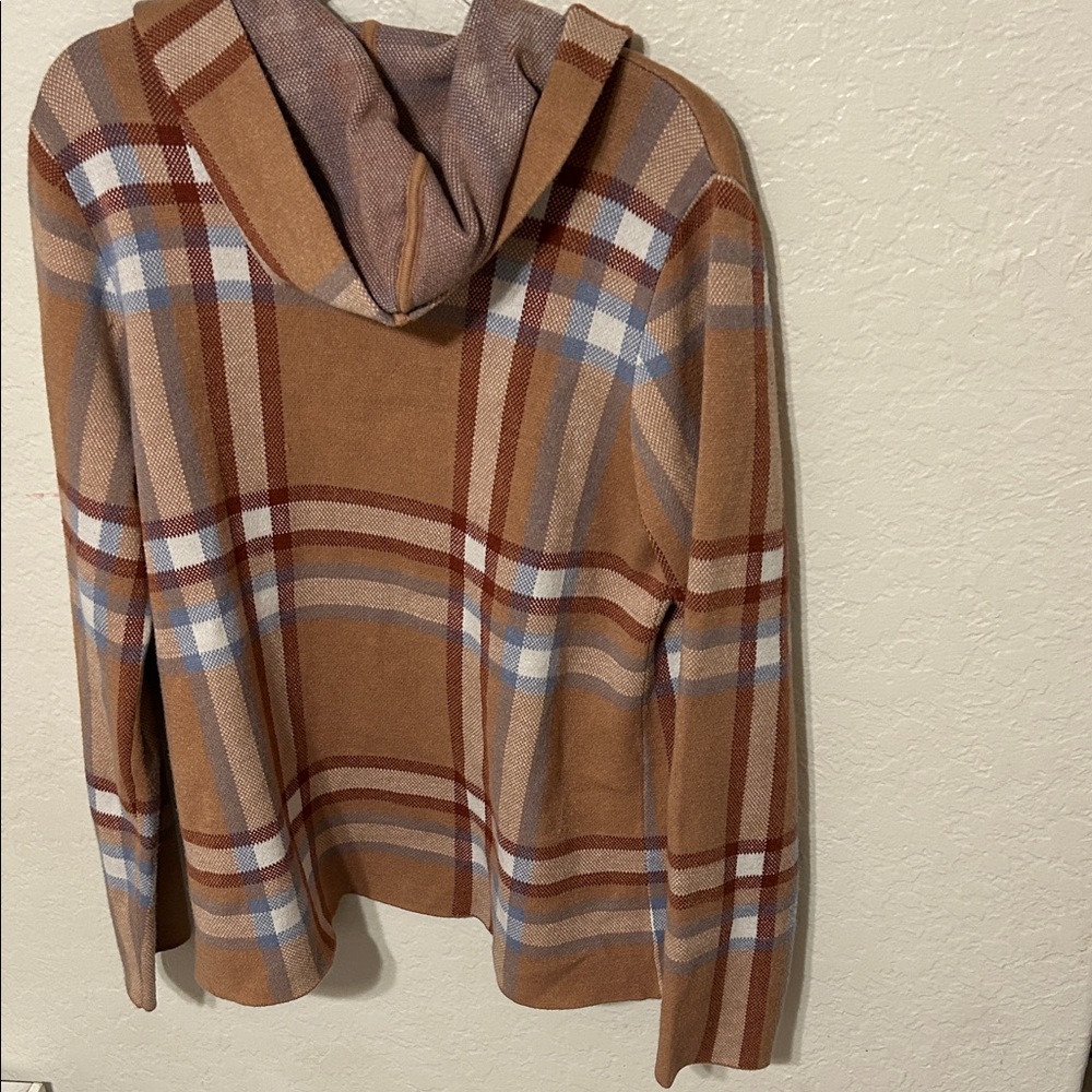 🎠Tahari Plaid cardigan tan brown open front hooded size L GUC - Picture 7 of 10